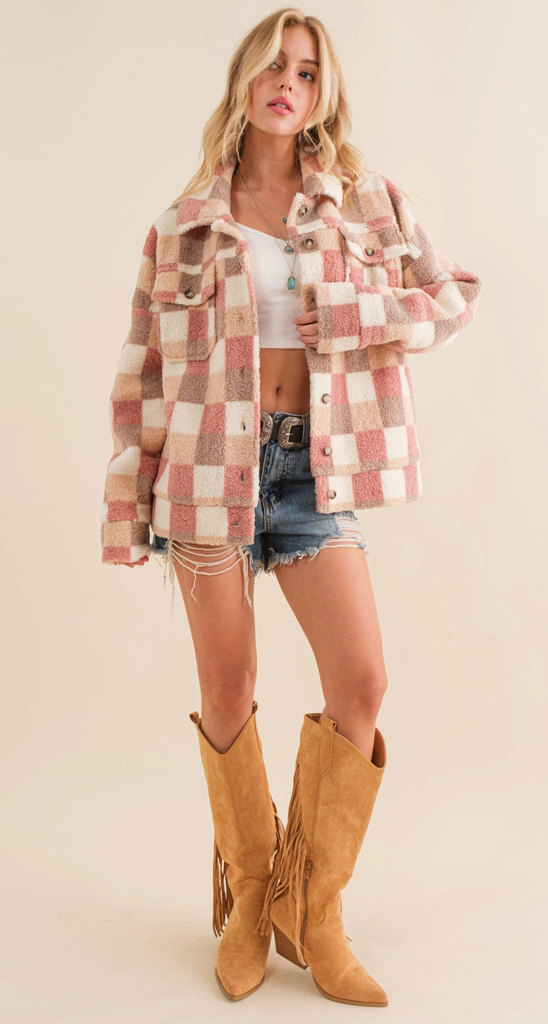 Blue B Checkered Teddy Chest Pocket Oversized Jacket