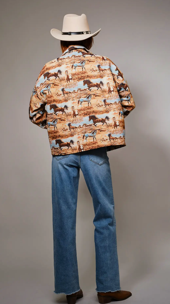 Blue B Western Pattern Button Front Jacquard Jacket