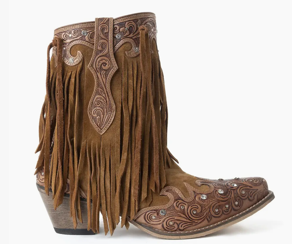Goldrush Gleam Fringed Hand tooled Leather Ankle Boots