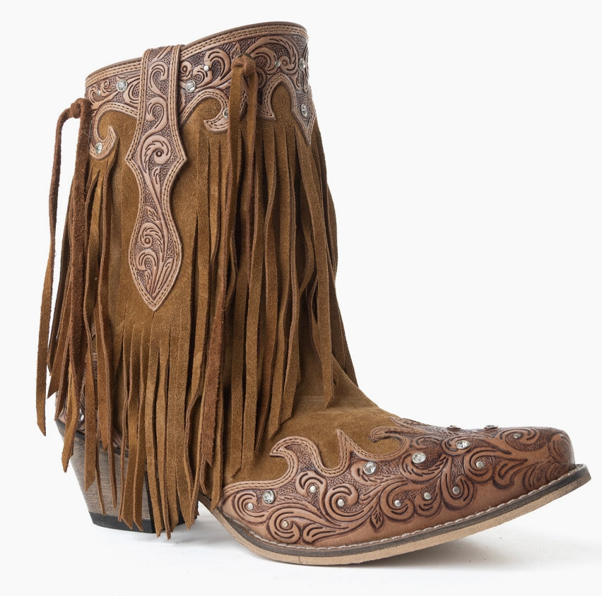 Goldrush Gleam Fringed Hand tooled Leather Ankle Boots