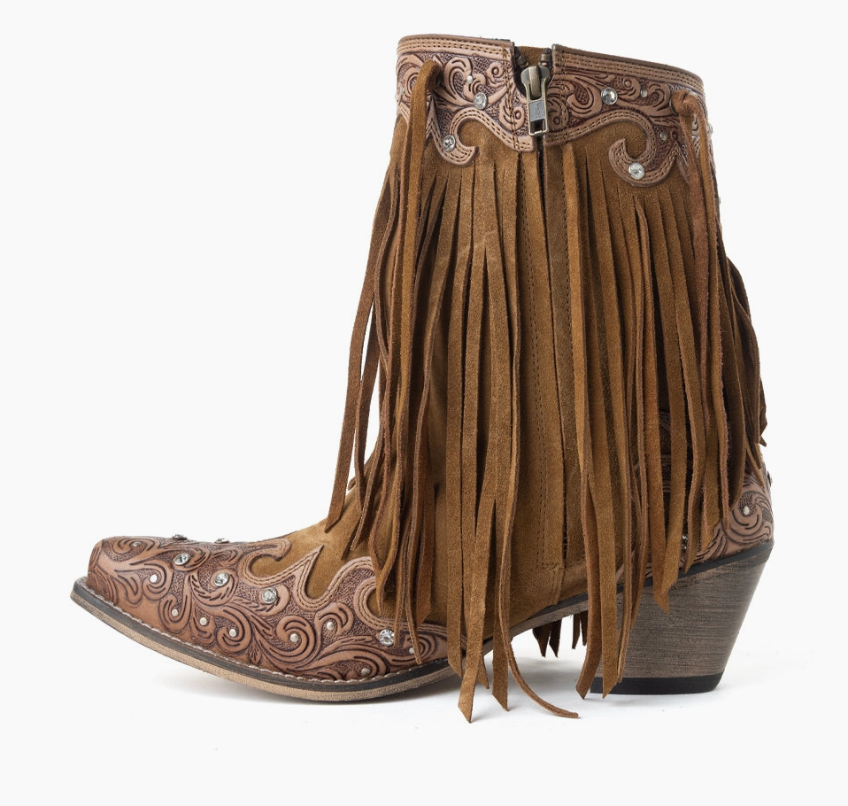 Goldrush Gleam Fringed Hand tooled Leather Ankle Boots
