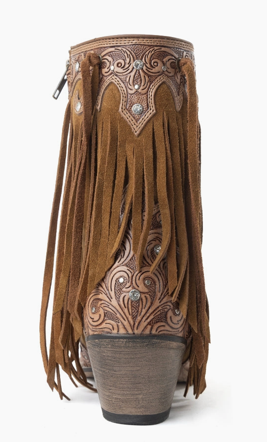 Goldrush Gleam Fringed Hand tooled Leather Ankle Boots