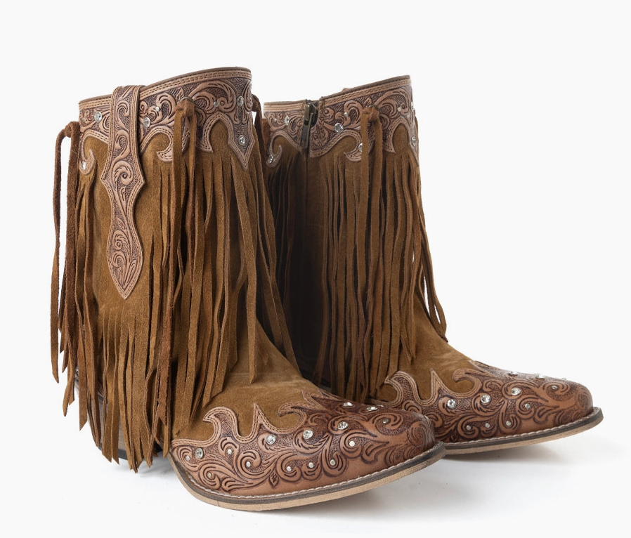 Goldrush Gleam Fringed Hand tooled Leather Ankle Boots