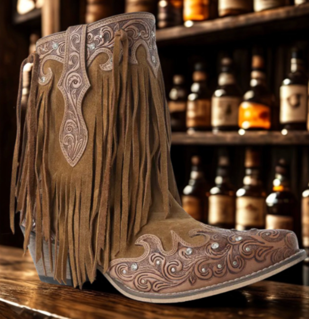 Goldrush Gleam Fringed Hand tooled Leather Ankle Boots