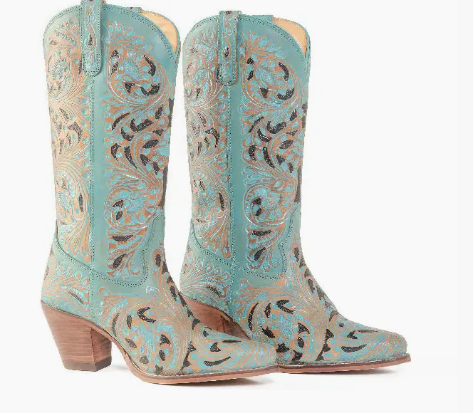 Turquoise Gem Hand Tooled Cowgirl Boots