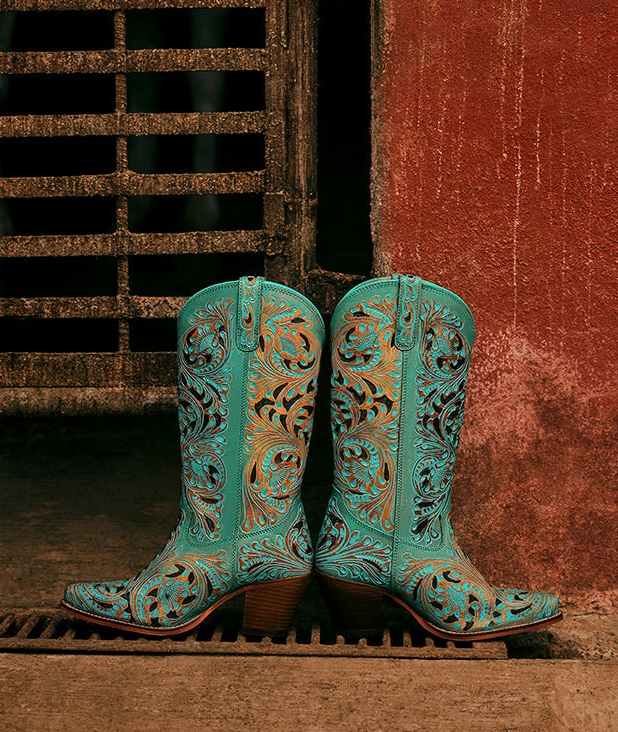 Turquoise Gem Hand Tooled Cowgirl Boots