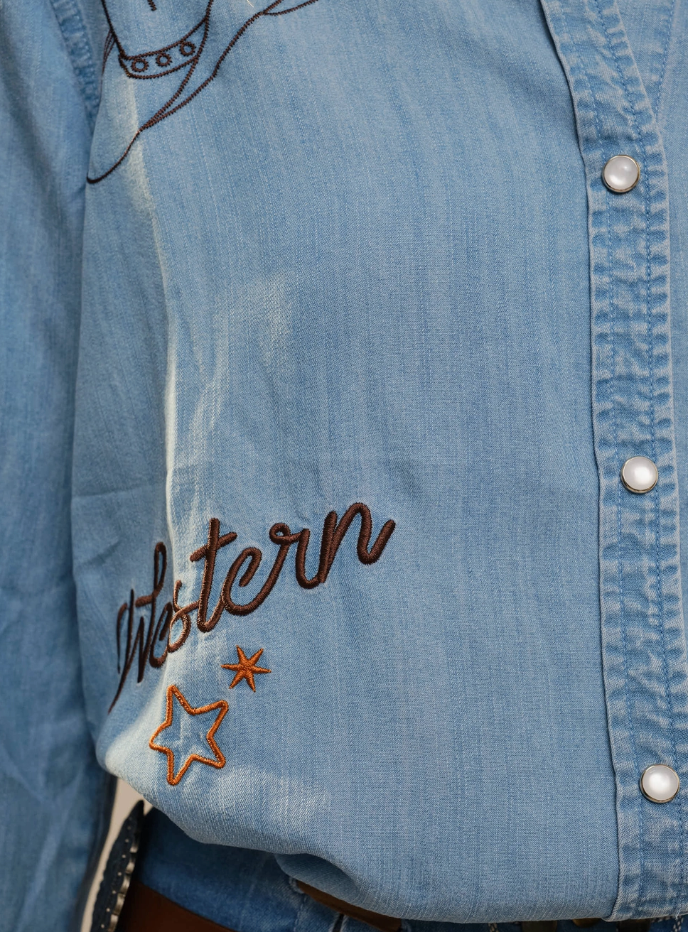 Blue B Western Embroided Snap Button Denim Shirt