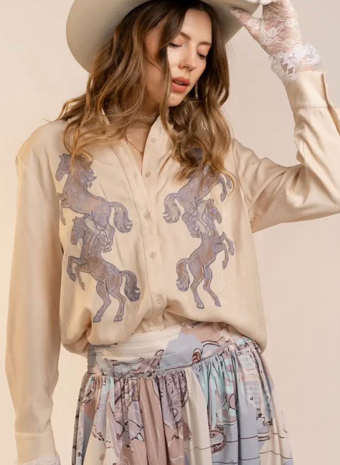Blue B Horse Lace Embroided Cut Out Button Blouse