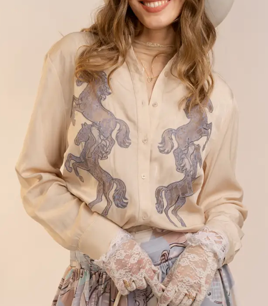 Blue B Horse Lace Embroided Cut Out Button Blouse