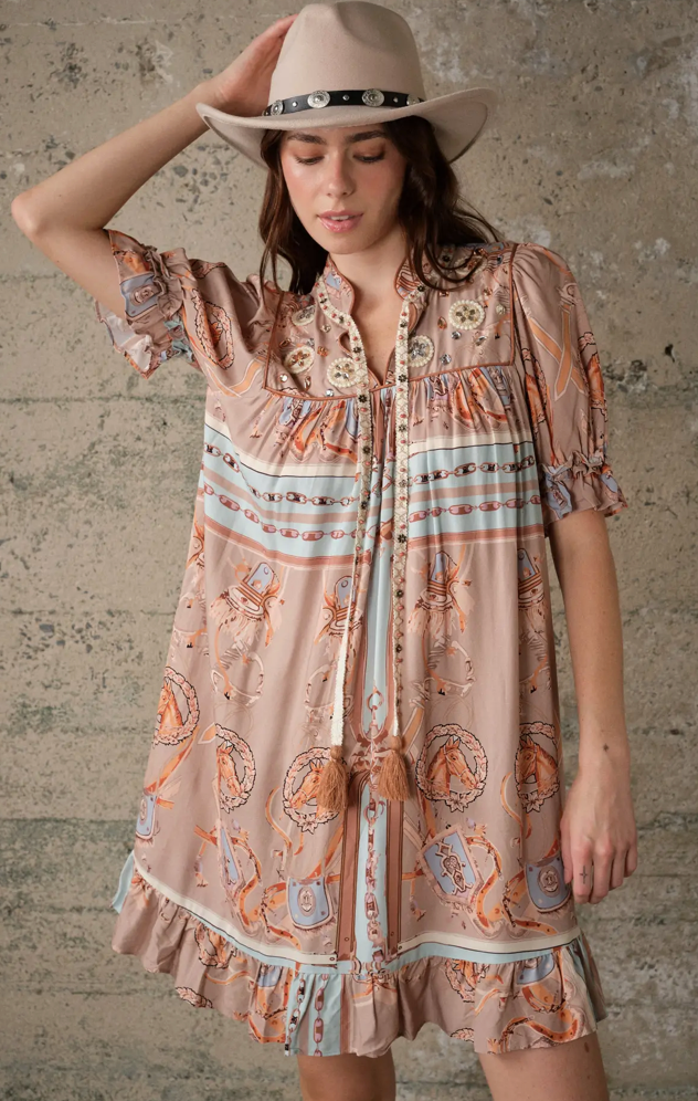 Blue B Western Scarf Print Babydoll Dress