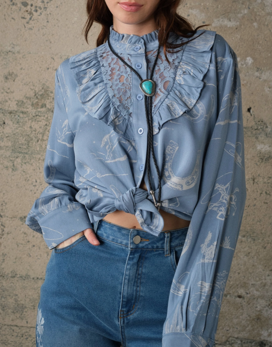 Blue B Western Print Lace Ruffle Blouse