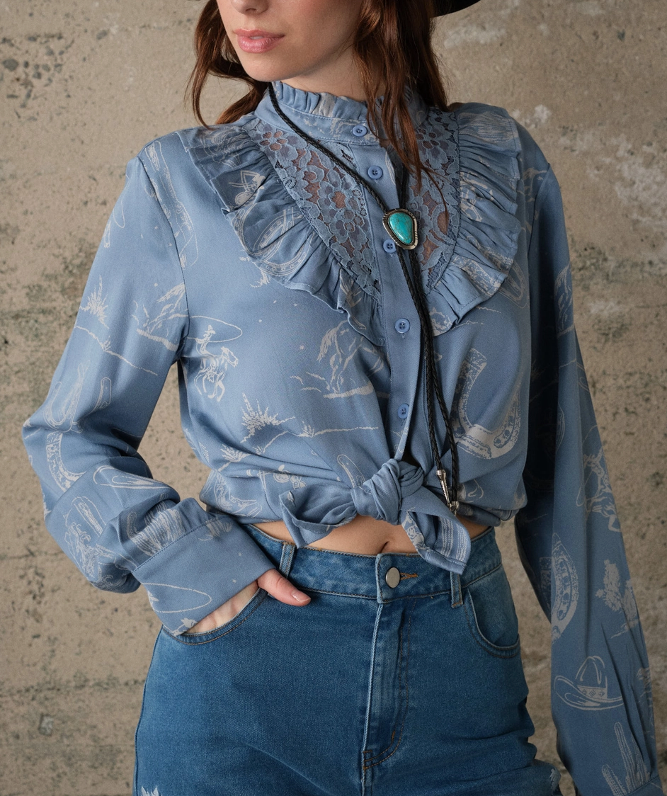 Blue B Western Print Lace Ruffle Blouse