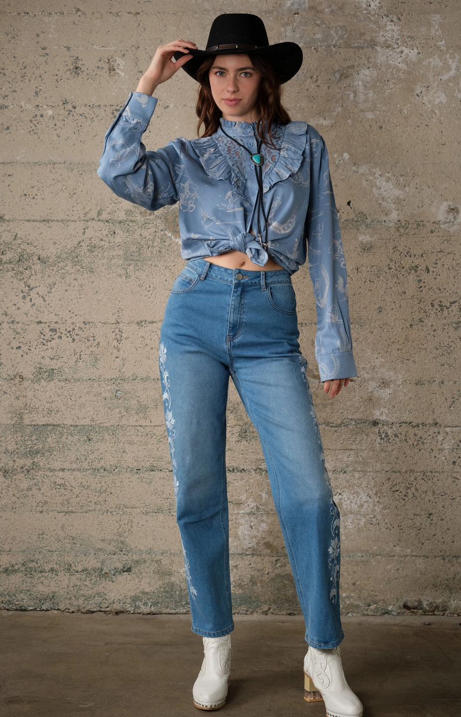 Blue B Western Print Lace Ruffle Blouse
