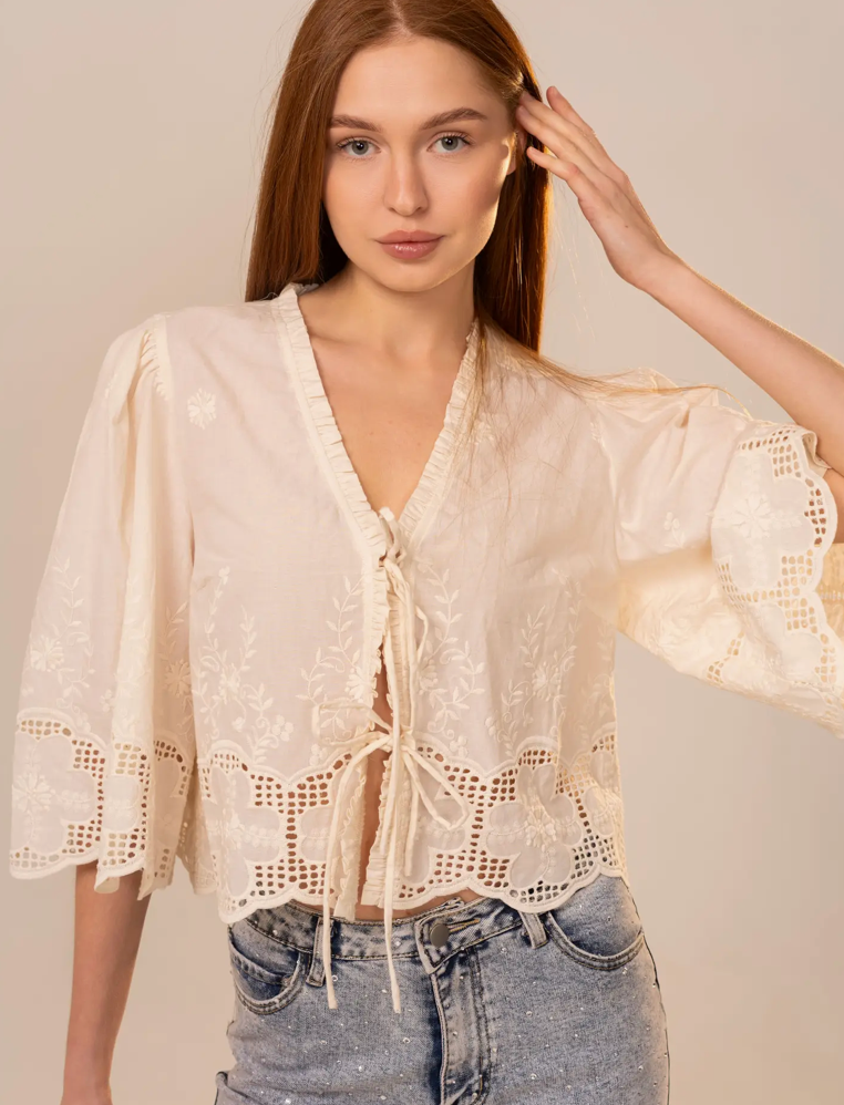 Blue B Puff Sleeve Embroidered Eyelet Tie Blouse