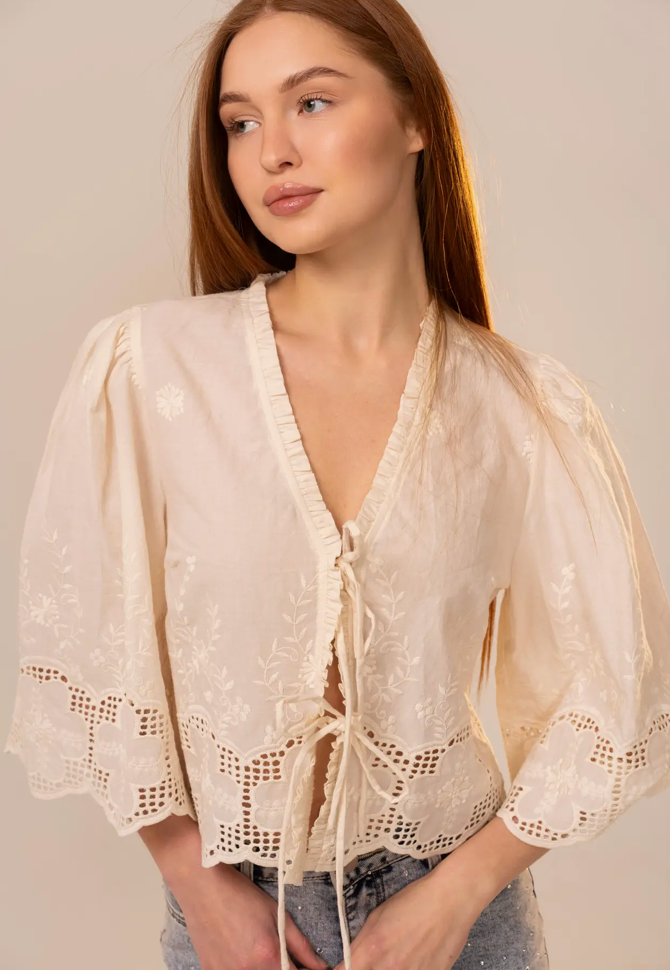 Blue B Puff Sleeve Embroidered Eyelet Tie Blouse