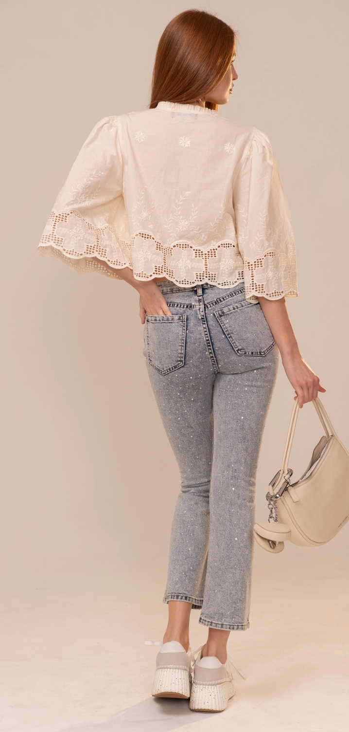 Blue B Puff Sleeve Embroidered Eyelet Tie Blouse