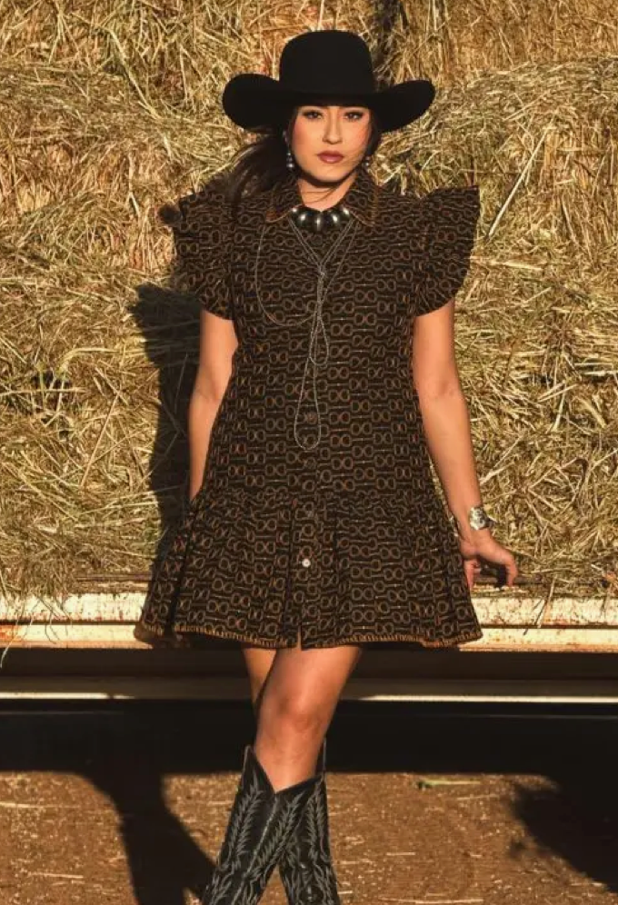 Lucky Horse Bit Black Printed Western Yoke Ruffle Sleeve Hem Dress