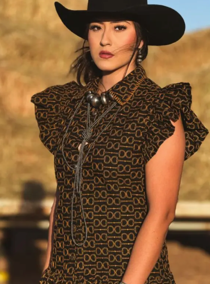 Lucky Horse Bit Black Printed Western Yoke Ruffle Sleeve Hem Dress