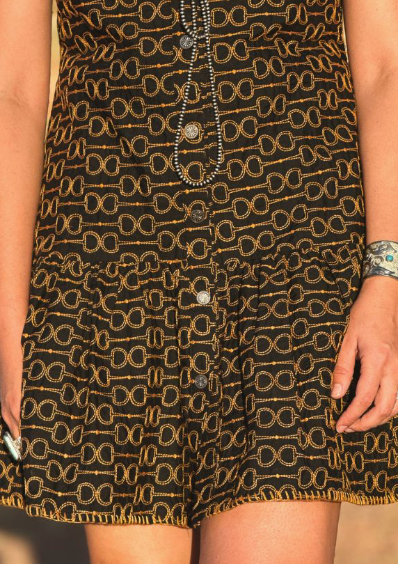 Lucky Horse Bit Black Printed Western Yoke Ruffle Sleeve Hem Dress