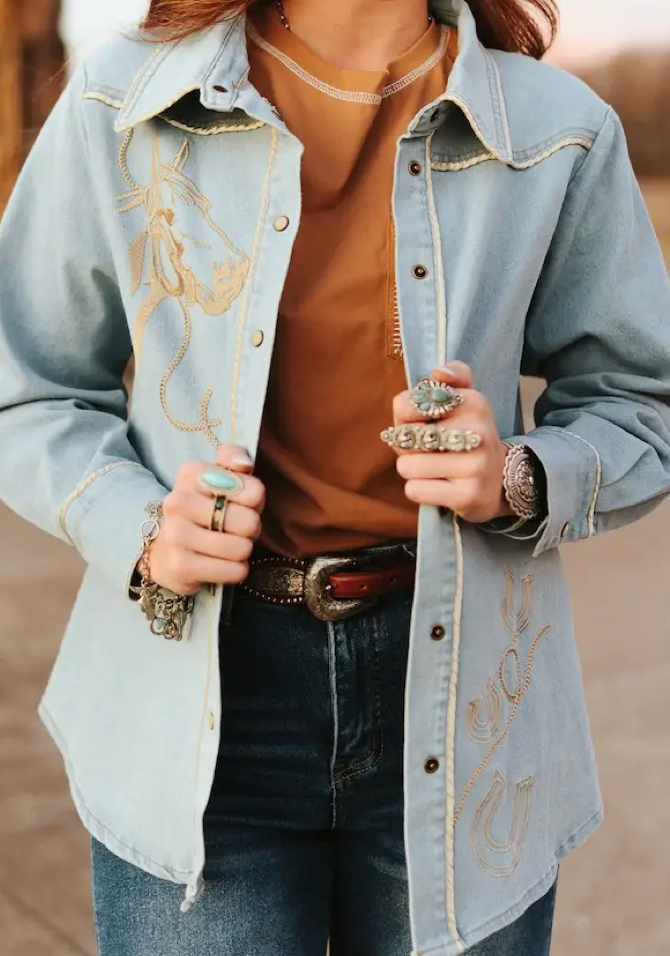 Lucky Light Wash Camel Piping Embroided Button Down Denim Shirt