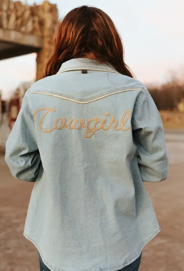 Lucky Light Wash Camel Piping Embroided Button Down Denim Shirt