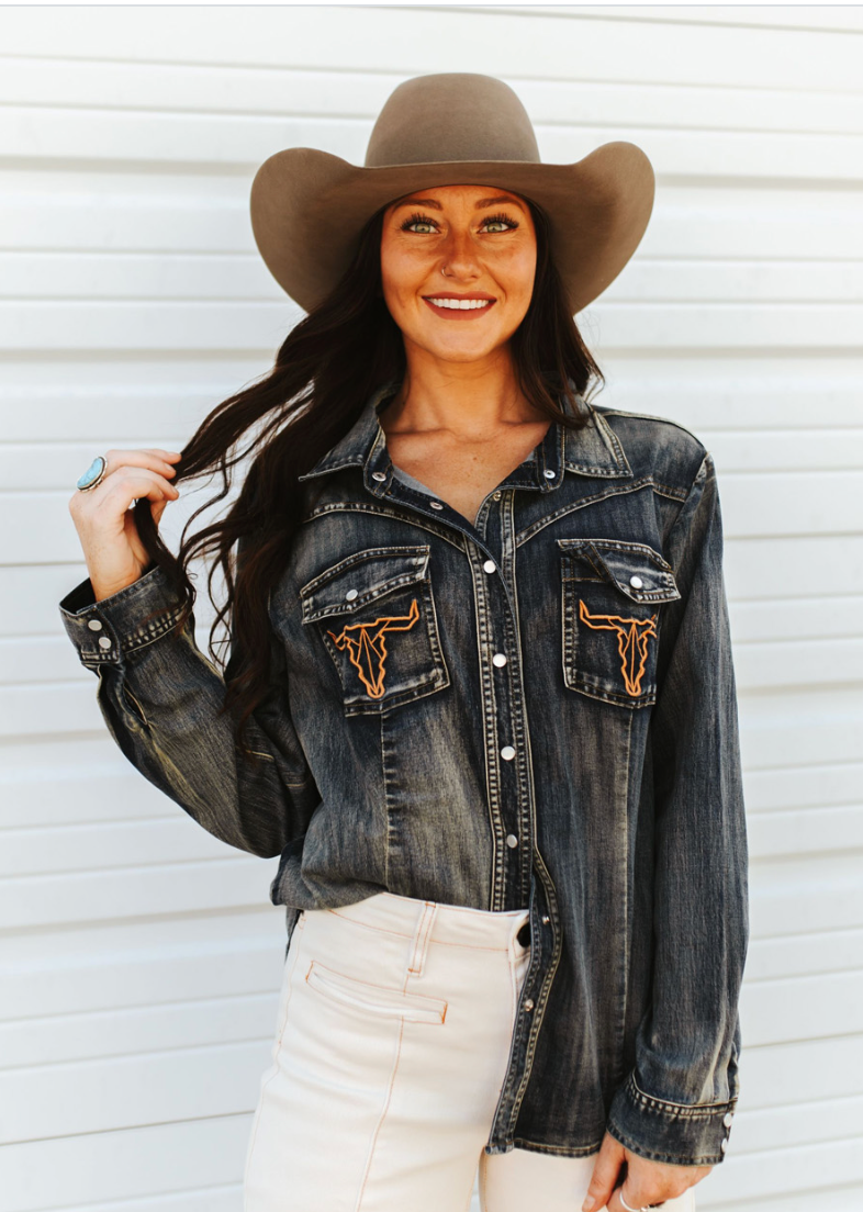 Lucky Vintage Denim Wash Cowskull Embroidered Pocket Shirt