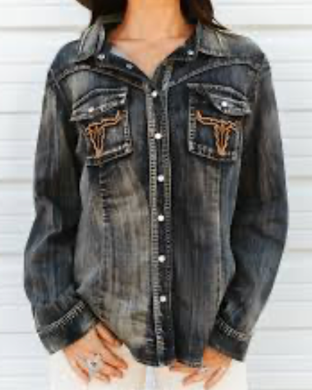 Lucky Vintage Denim Wash Cowskull Embroidered Pocket Shirt